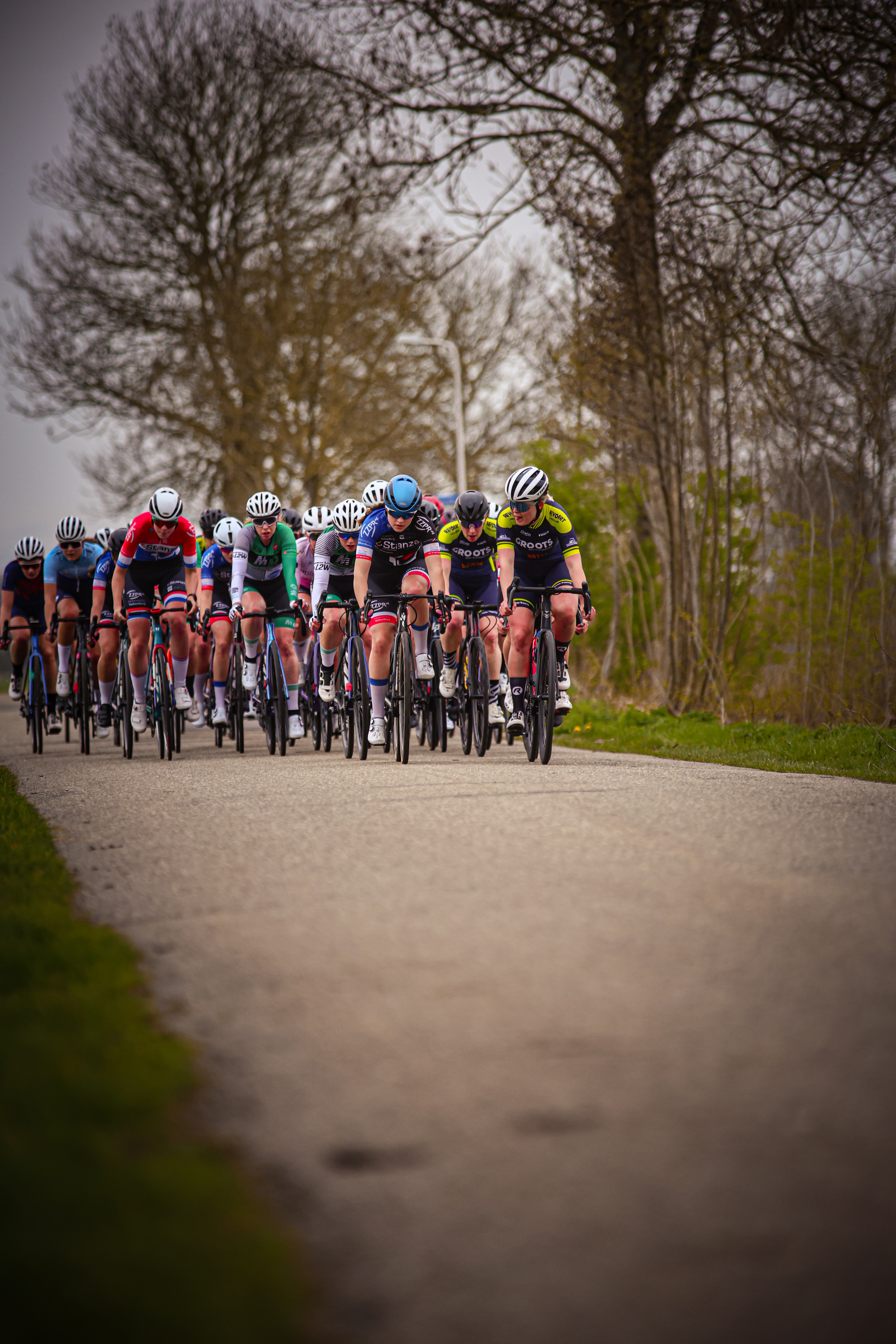 A group of bicyclists in a race, including the leading rider.