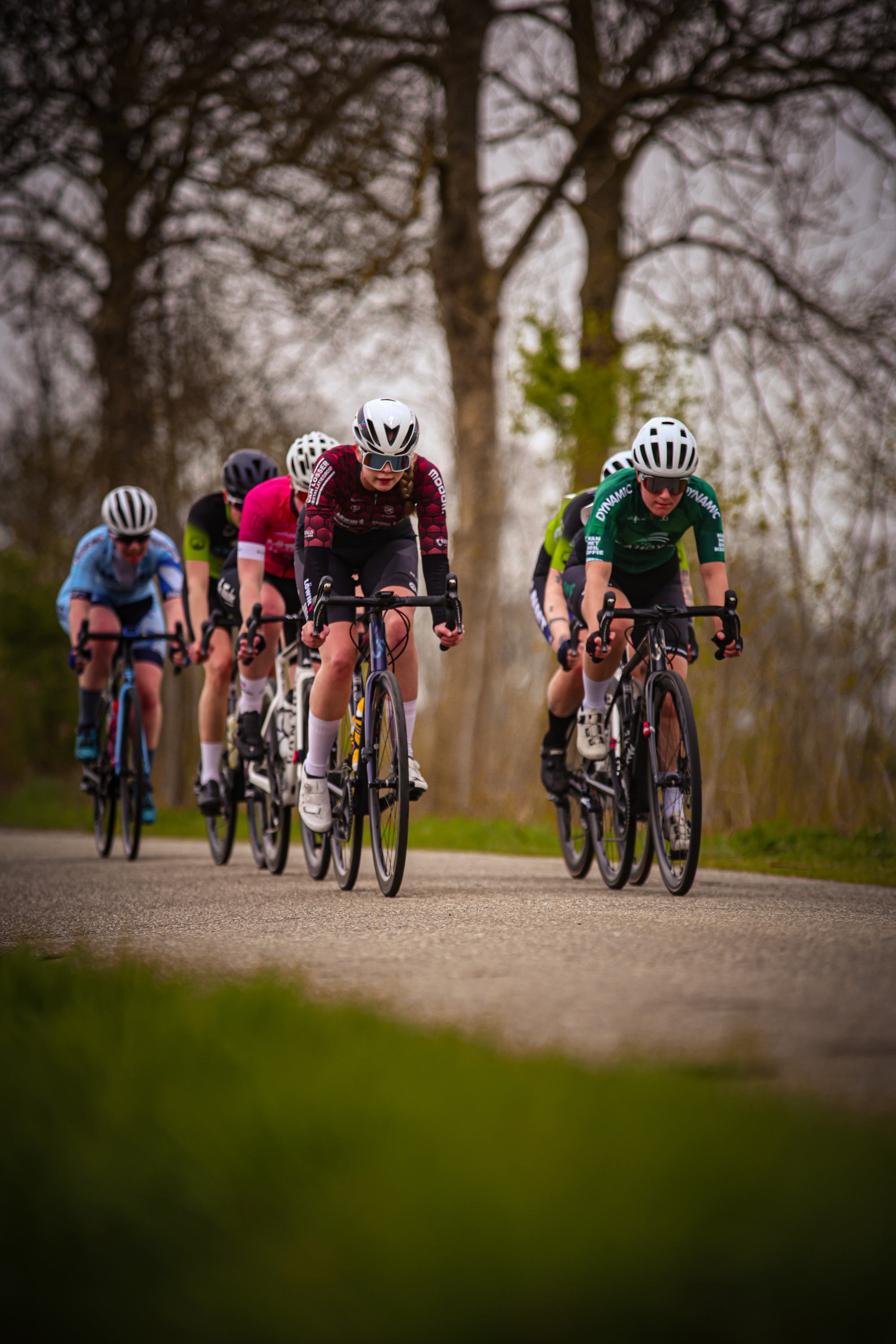 Four cyclists are riding in a line down a gravel path.