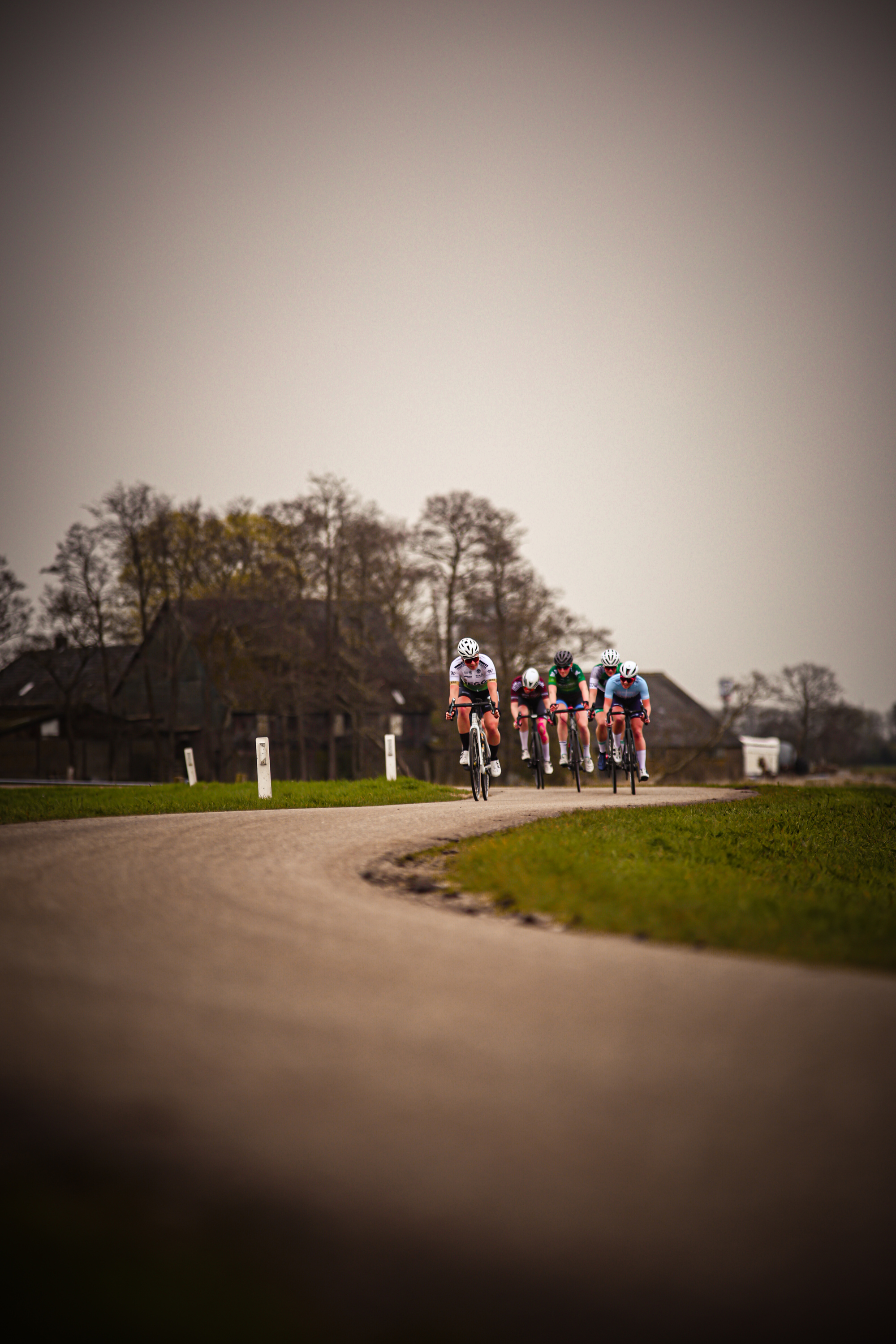 A group of cyclists are participating in a race on a country road.