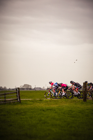 A group of bicyclists in motion on a grassy field.