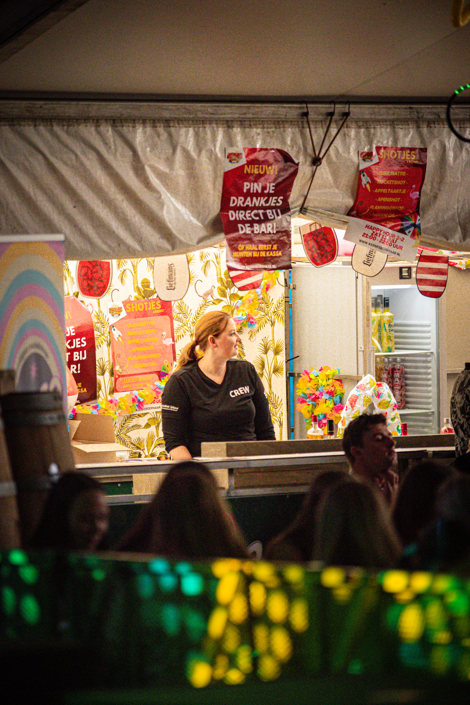 Women in a bar with a sign reading "kermis boerhaar" above her.