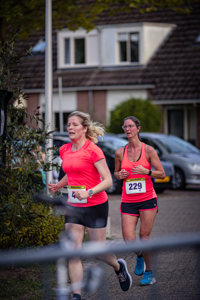 Two women are running in the road, one wearing number 229.