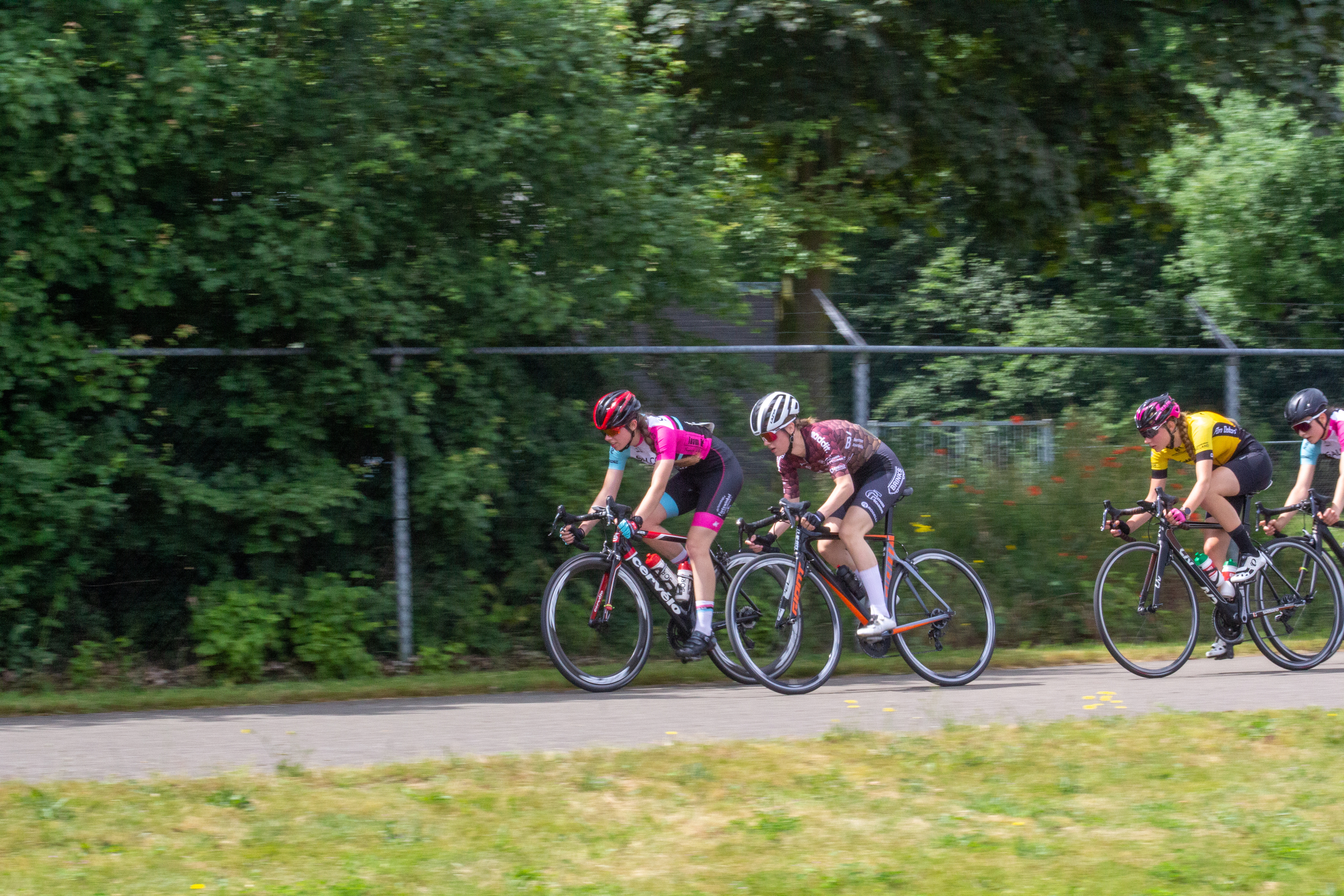 A group of cyclists race down a road during the Dames ronde van Deventer in 2021.