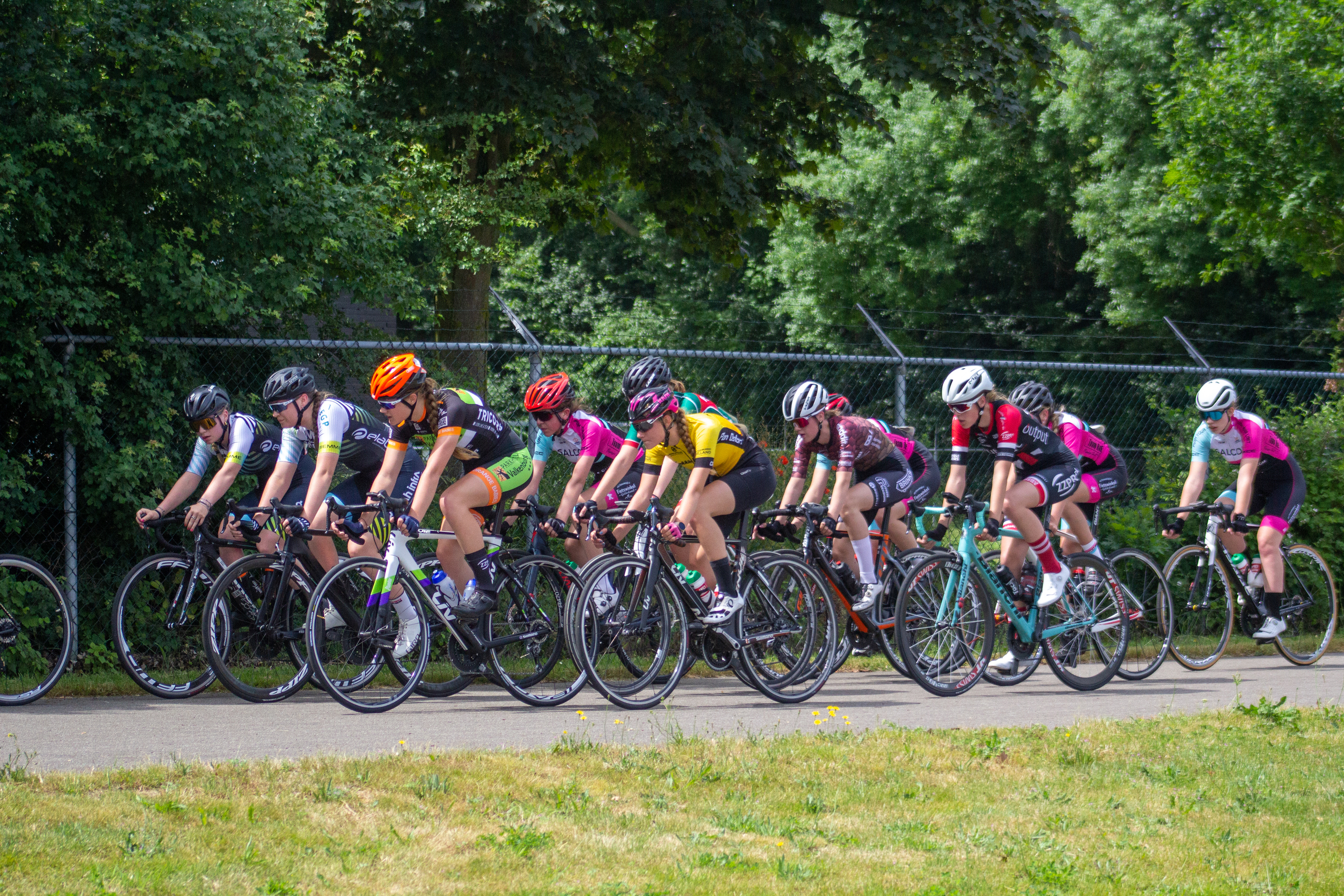 A group of cyclists racing in a women's race, sponsored by the Dames Ronde Van Deventer.