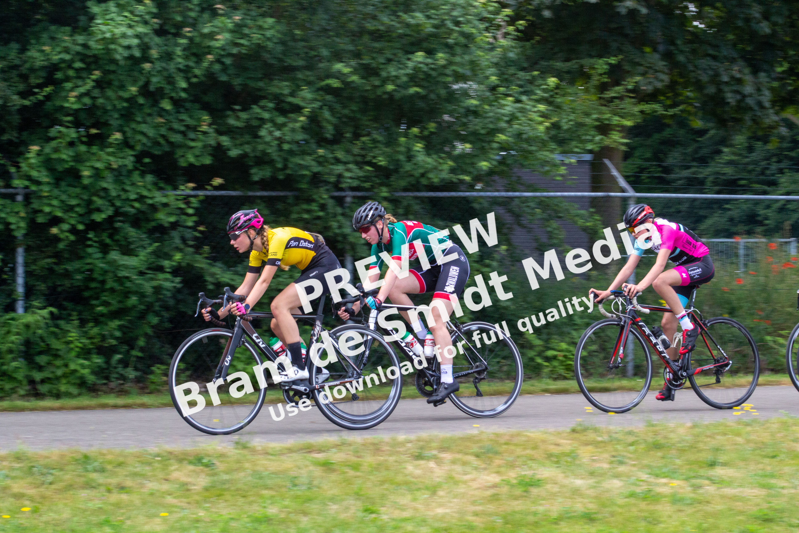 Dames ronde van Deventer: 4 women cycling in a row on a trail.