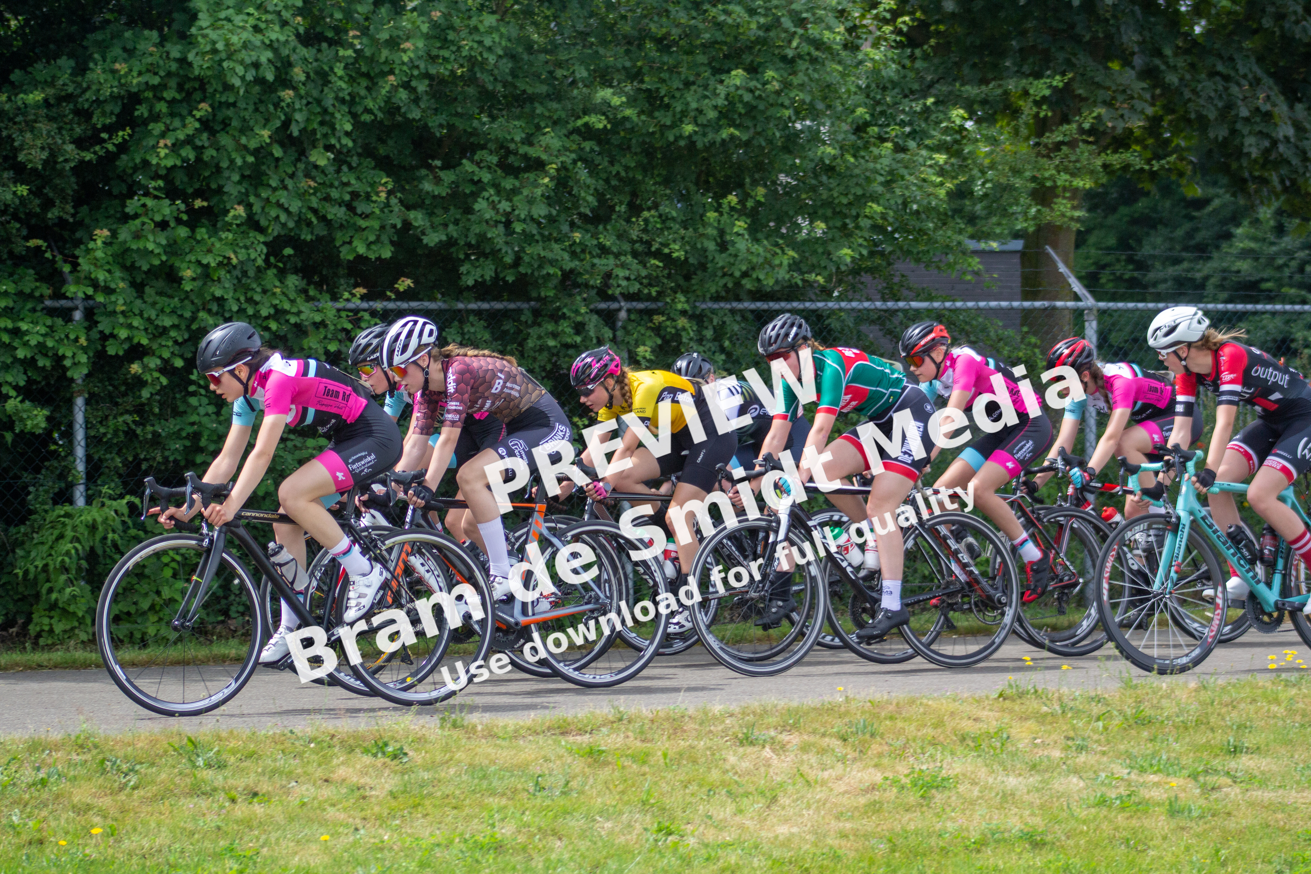 A group of women race on bicycles at the Dames ronde van Deventer.