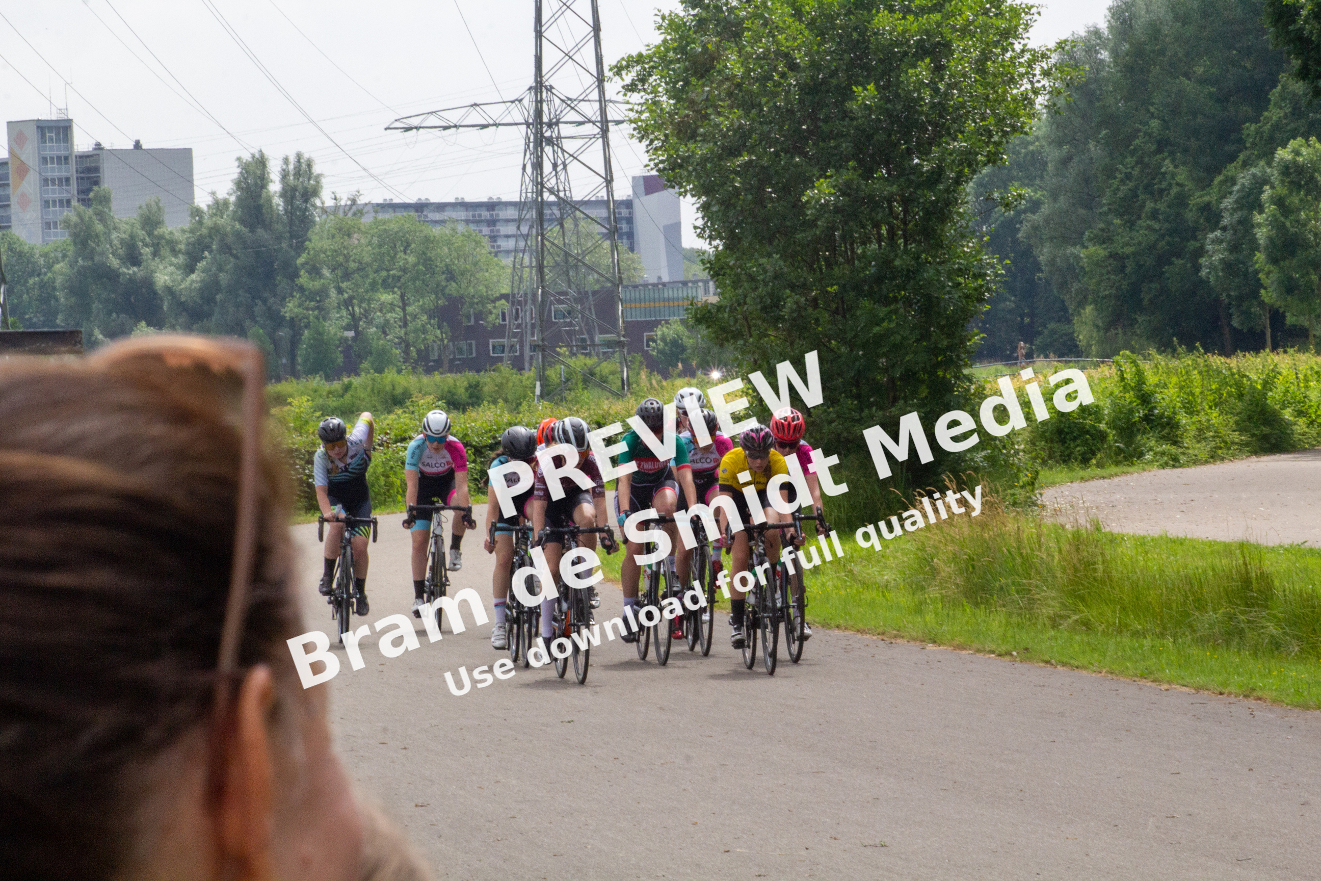 Dames ronde van deventer wielrennen race on a city street.