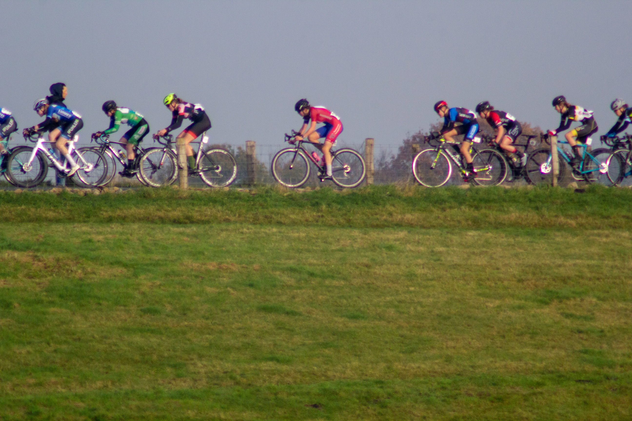 A group of cyclists on a grassy hill wearing blue, green and red jerseys are racing.