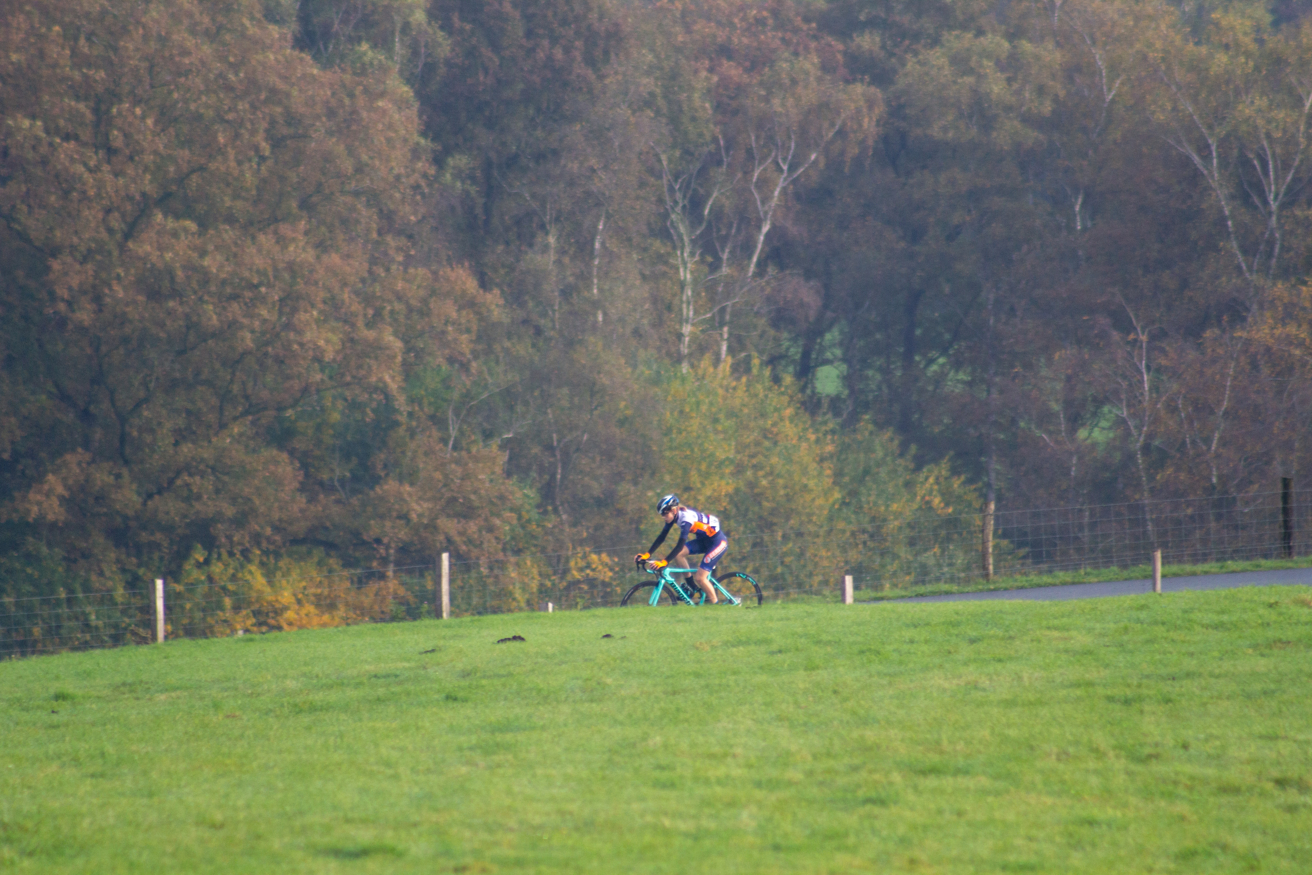 A woman is riding a blue bicycle in the country side.