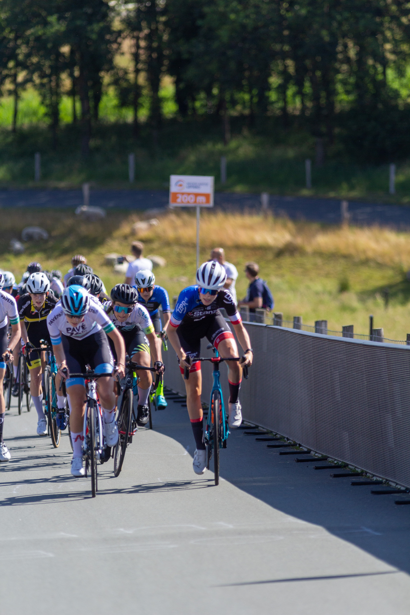 A group of cyclists in the Netherlands race on a paved road surrounded by grass.