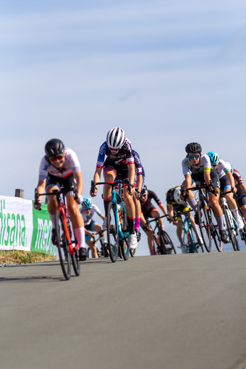 A group of cyclists compete in the Netherlands on a sunny day.