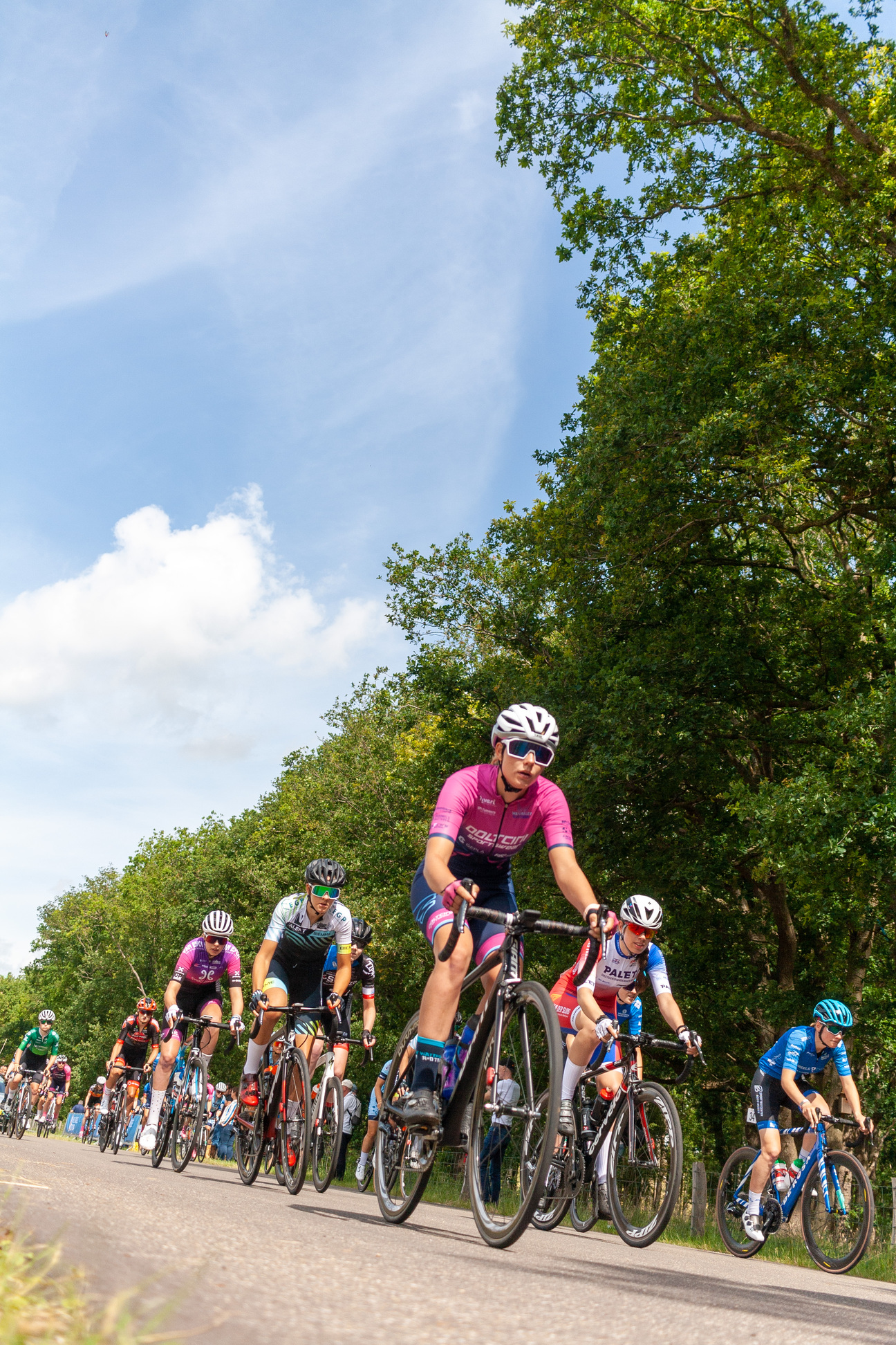 A group of cyclists with the leader wearing a pink shirt, riding on a road.