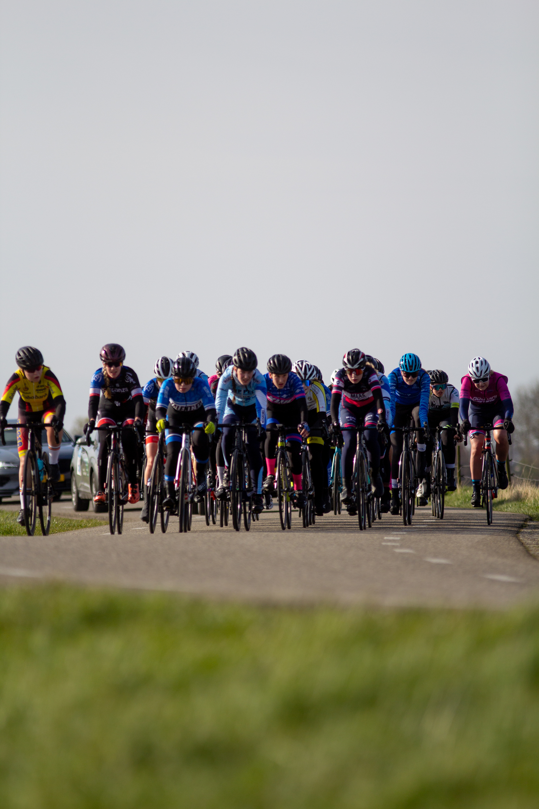 A group of cyclists, including 4 women in blue and 2 in pink, ride on a road.