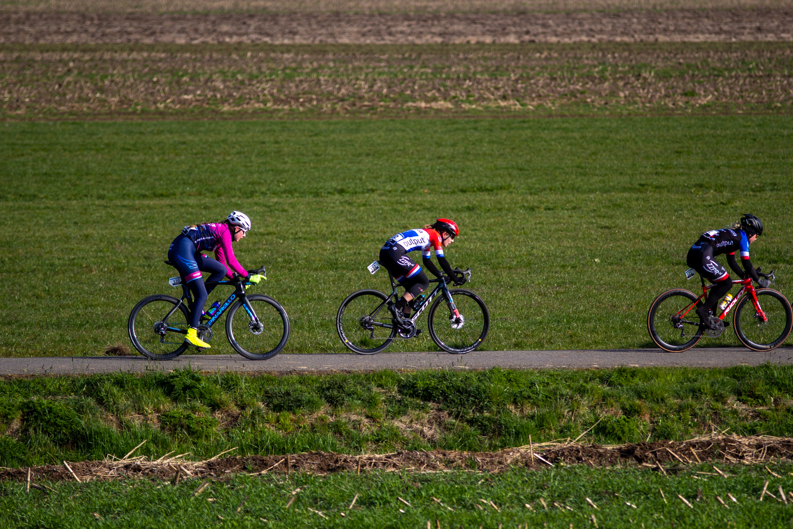 A group of cyclists ride down a road in the countryside.