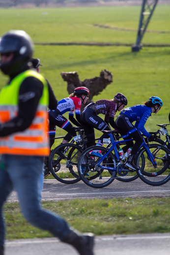 Four cyclists racing on a road with one person leading.