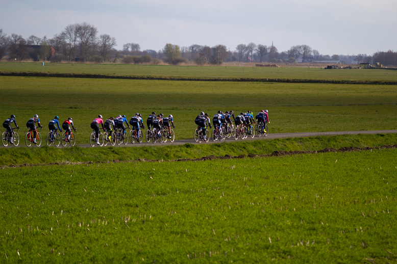 A group of cyclists are racing through a field on a clear day.