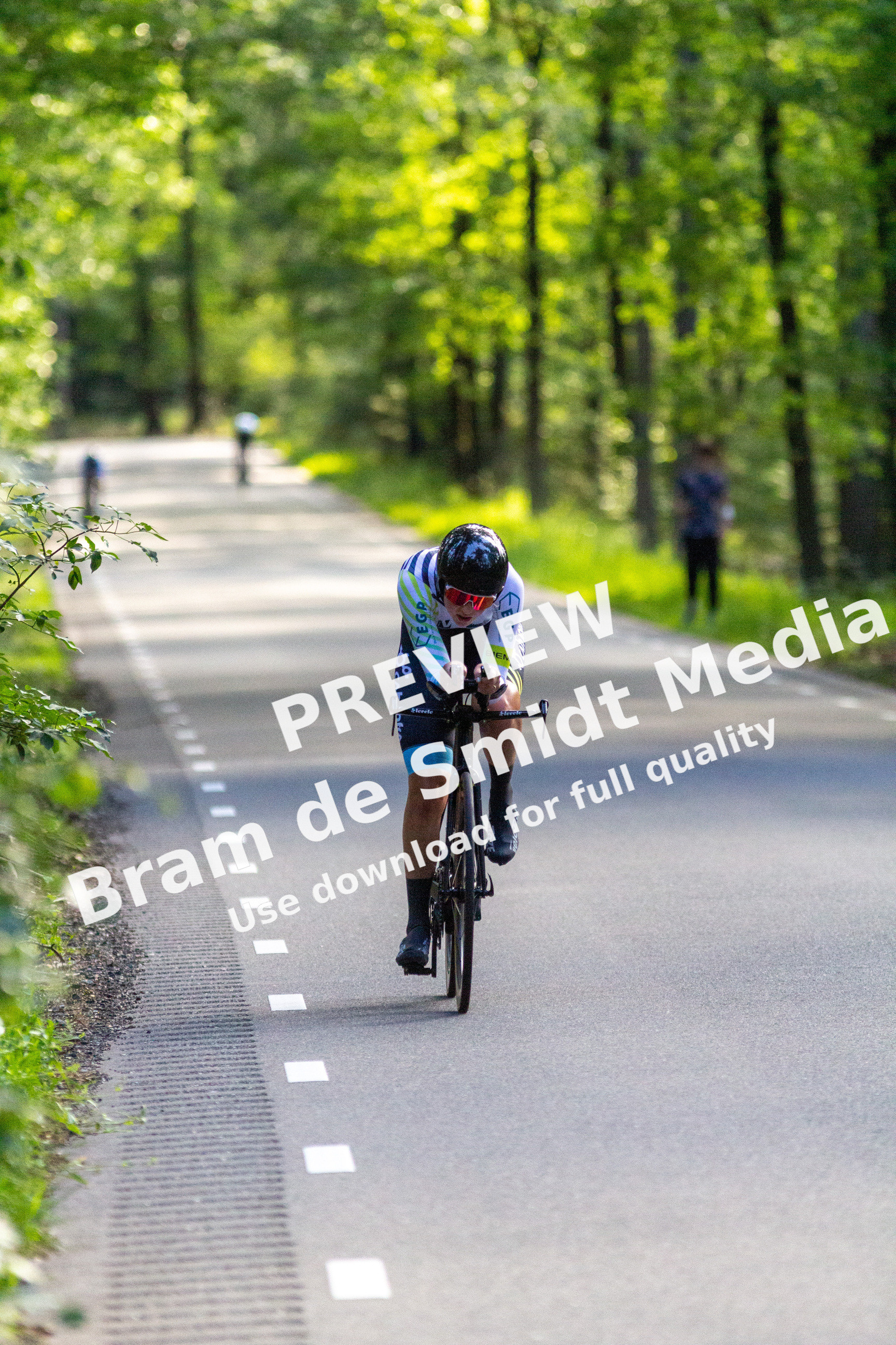 A person is riding a bicycle down a tree lined road.