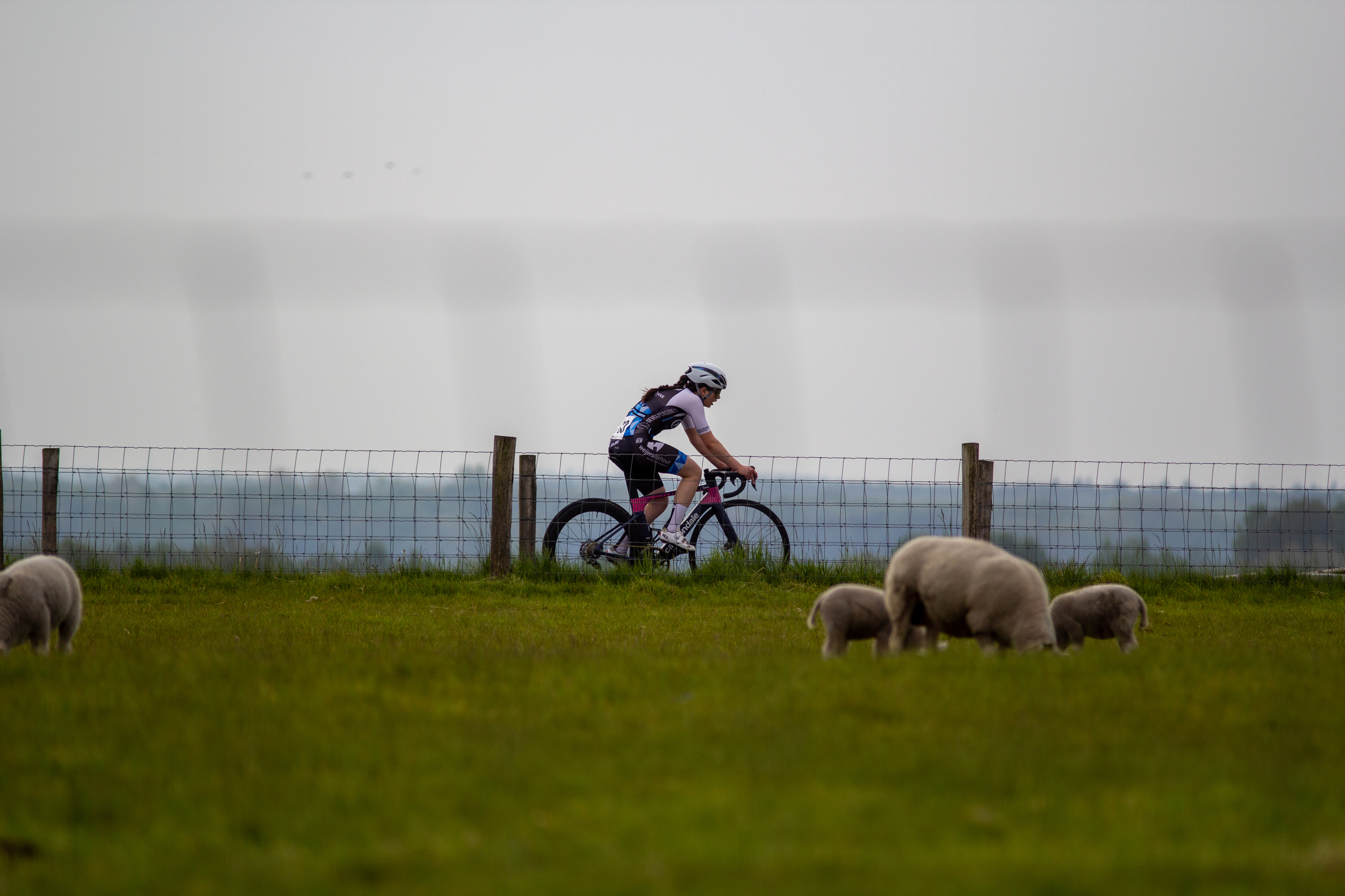 A cyclist with the word "Vam" on her shirt, riding a bike on a grass field.