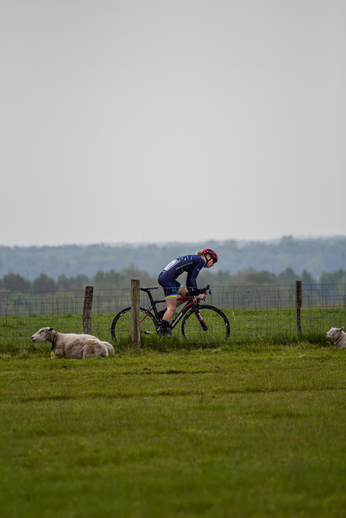 A man wearing a blue and red jersey riding a bike.