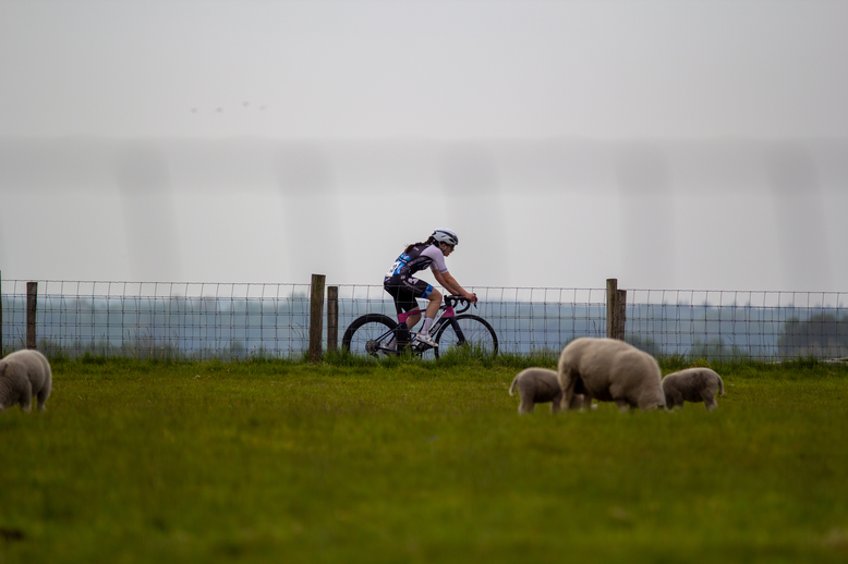 A cyclist with the word "Vam" on her shirt, riding a bike on a grass field.