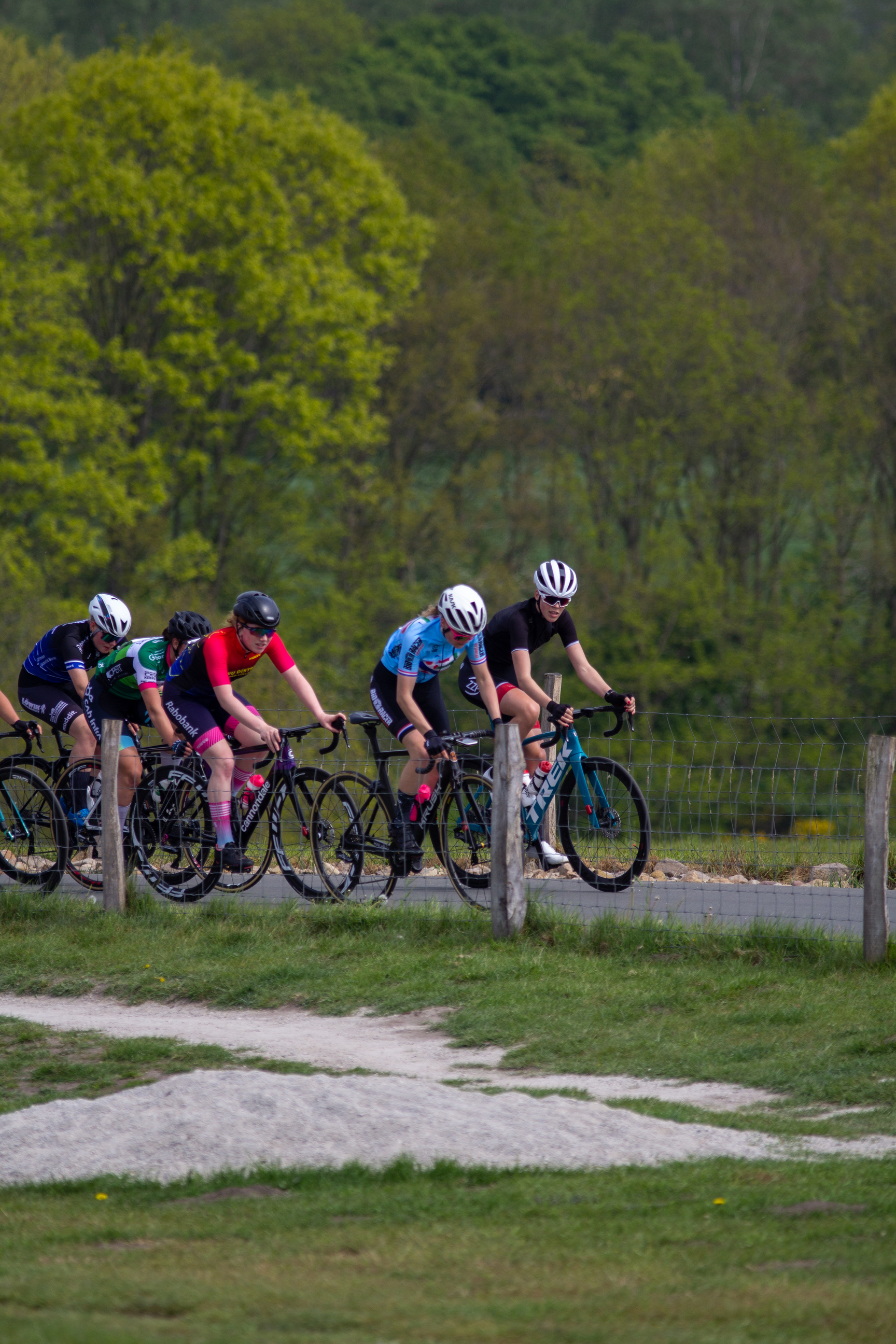 A group of cyclists race down a grassy hill at the Dames Criterium.