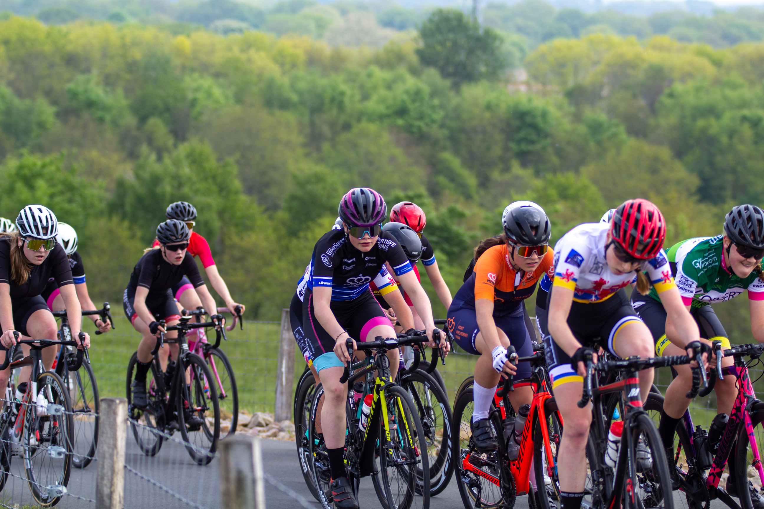 A group of cyclists race on a road in the Dames Criterium event.