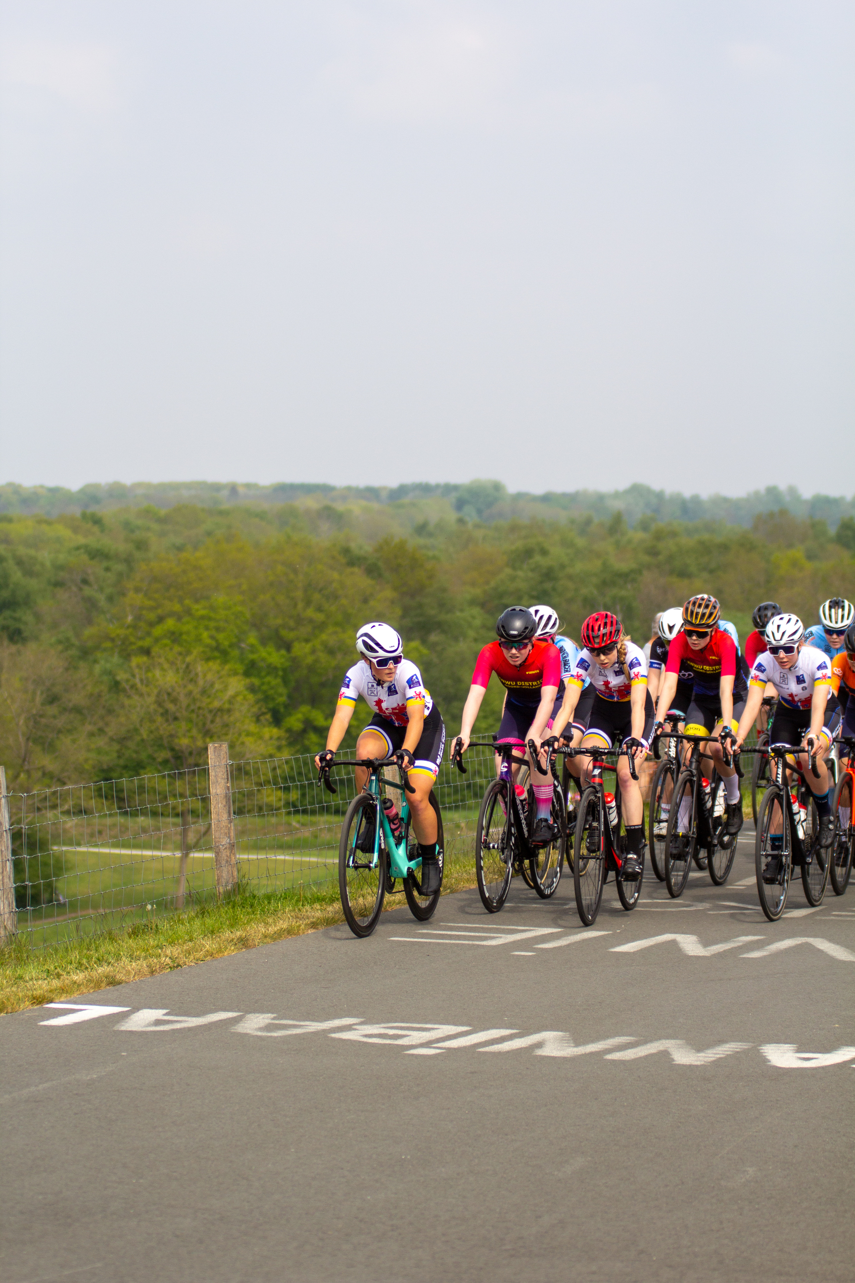 A group of cyclists wearing helmets race along a road, the word "Wielrennen" is visible in the background.