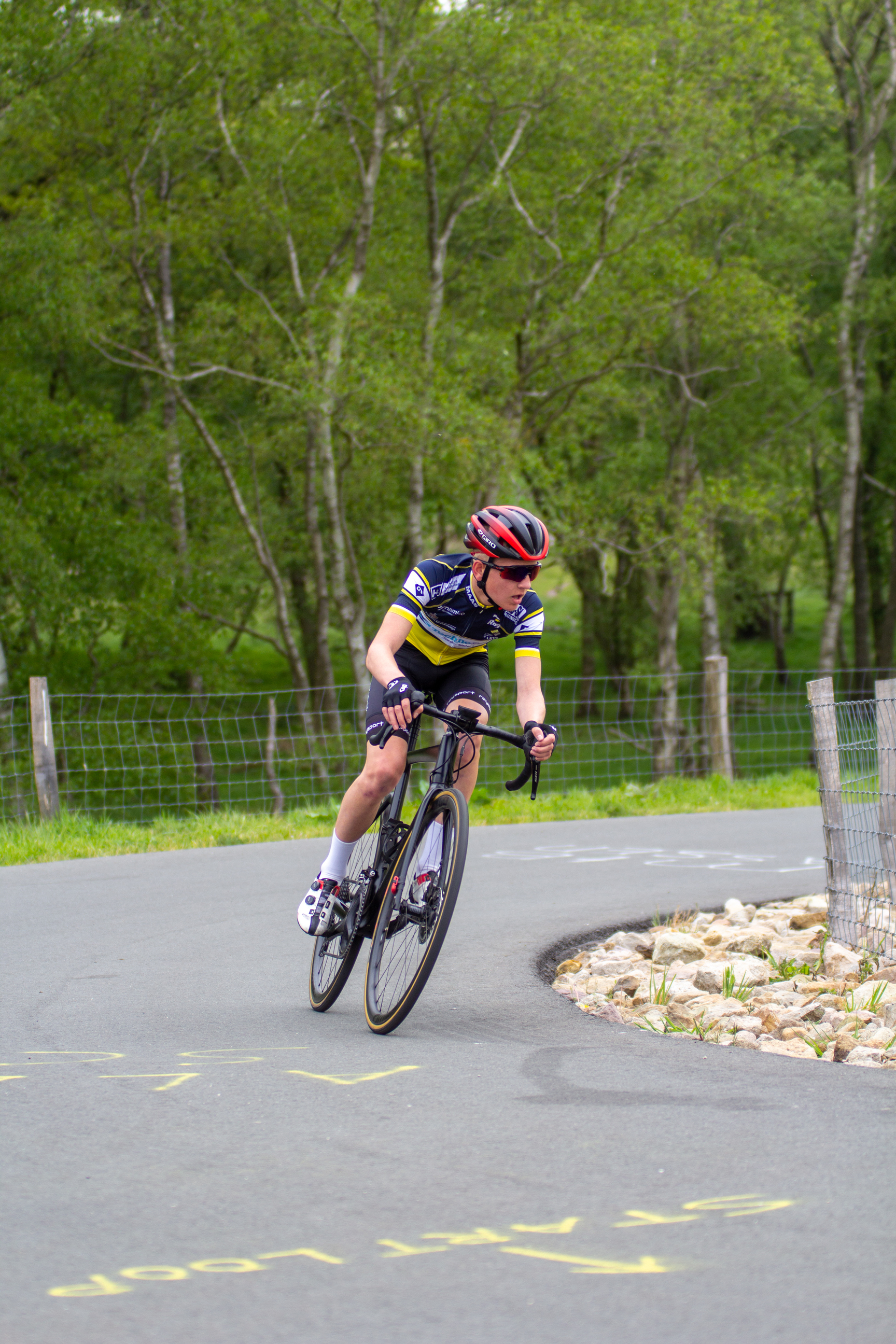 A cyclist wearing a blue and yellow shirt on a road with trees in the background.