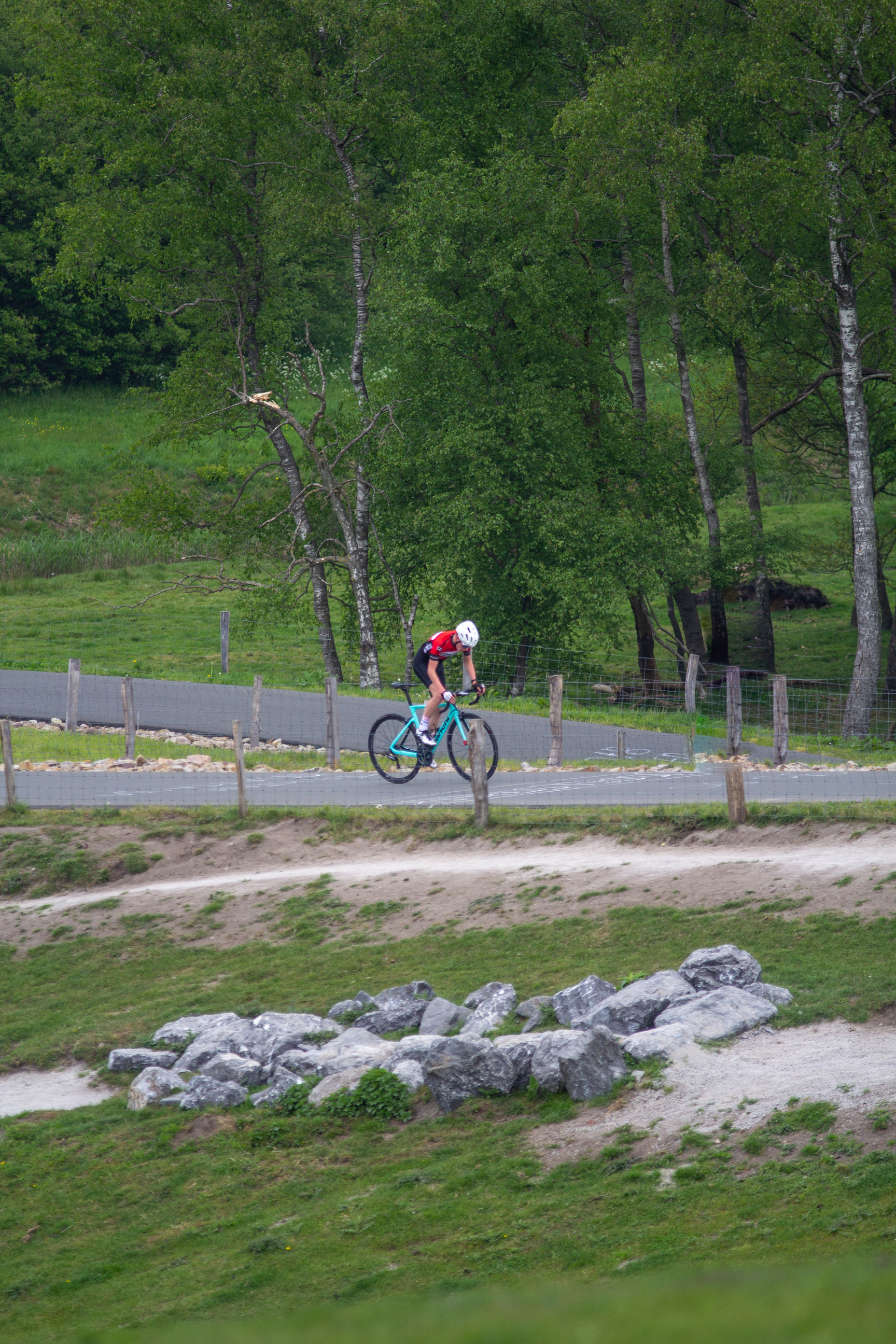 A cyclist wearing a red and white jersey rides along the side of a country road, passing through a wooded area.